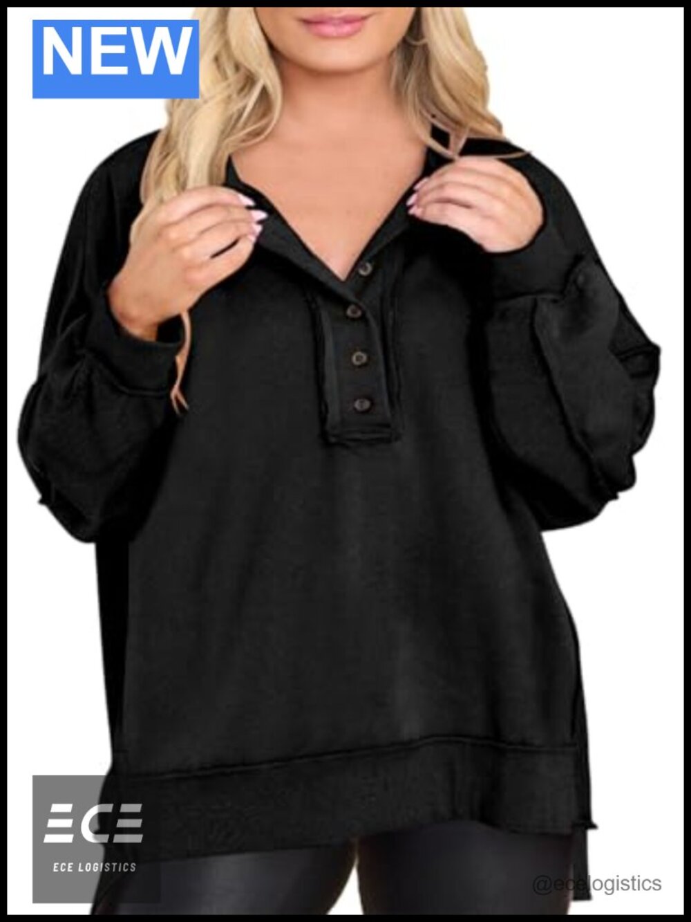 Plus Size Button Down V Neck Lantern Sleeve Sweatshirt Loose Pullover